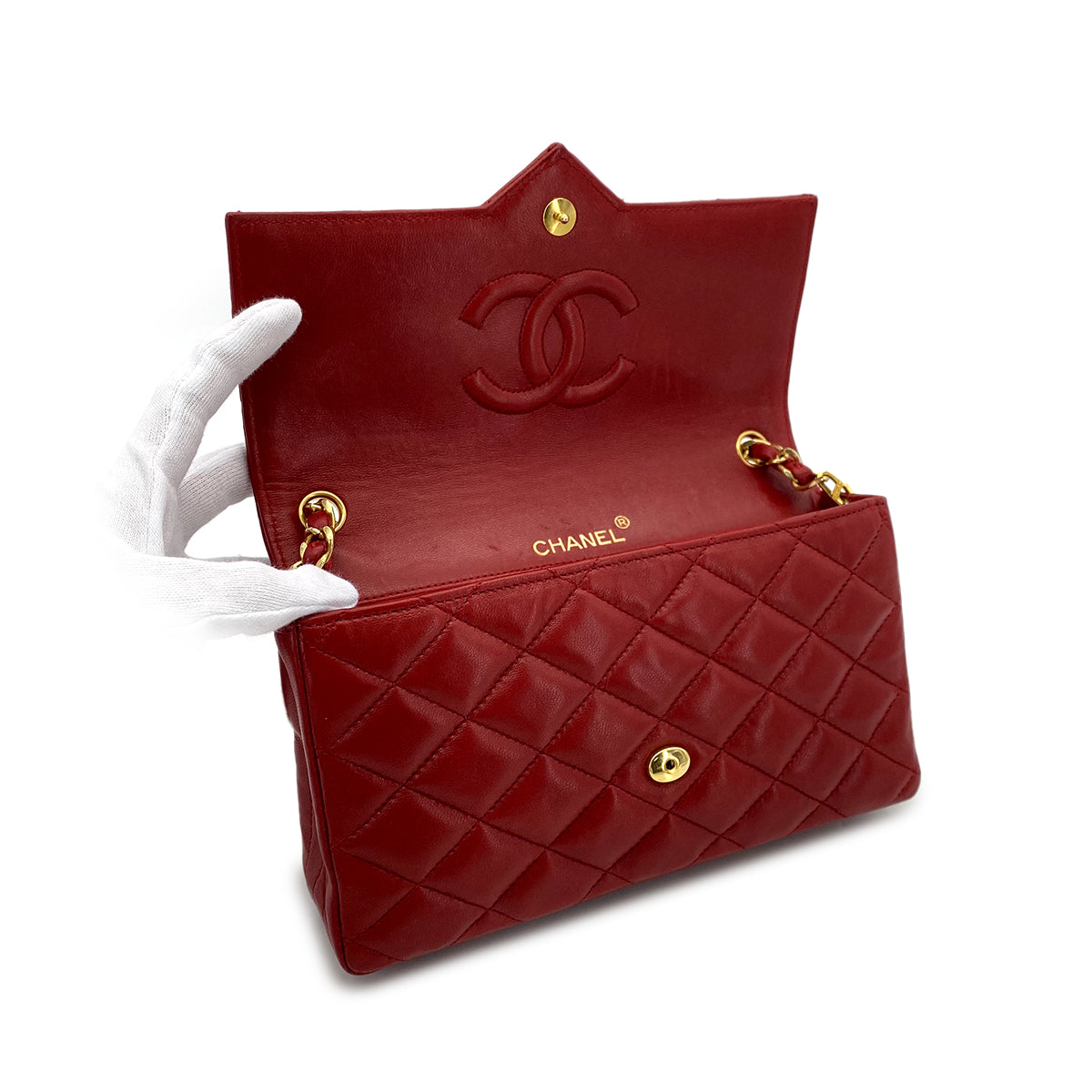 CHANEL VINTAGE MATELASSE BIG COCO CHAIN SHOULDER BAG RED LAMB SKIN 90282763