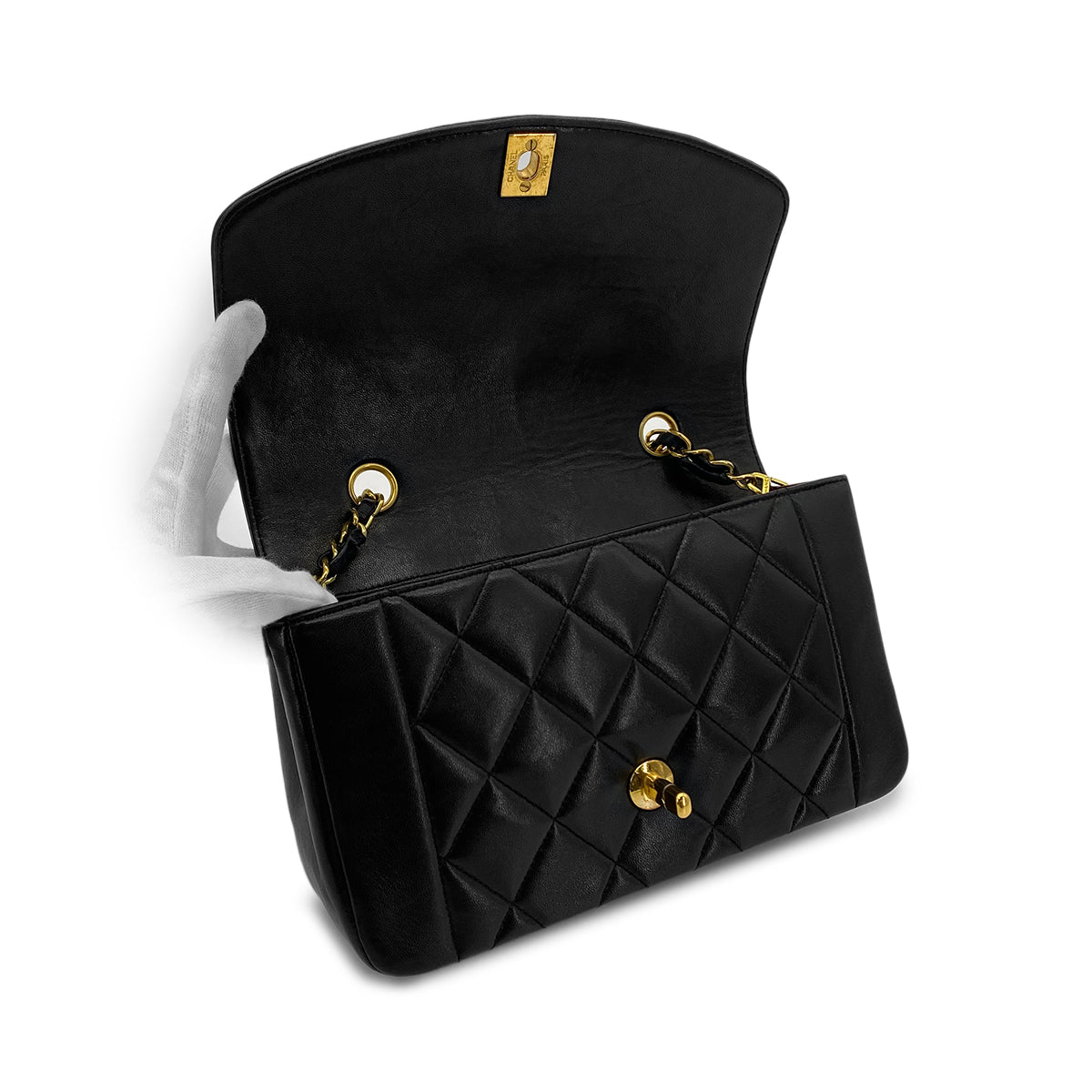 CHANEL VINTAGE DIANA SMALL CHAIN SHOULDER BAG BLACK LAMB SKIN 90282764