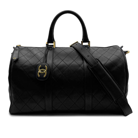 CHANEL VINTAGE BICOLORE BOSTON SHOULDER BAG BLACK LEATHER 90282767