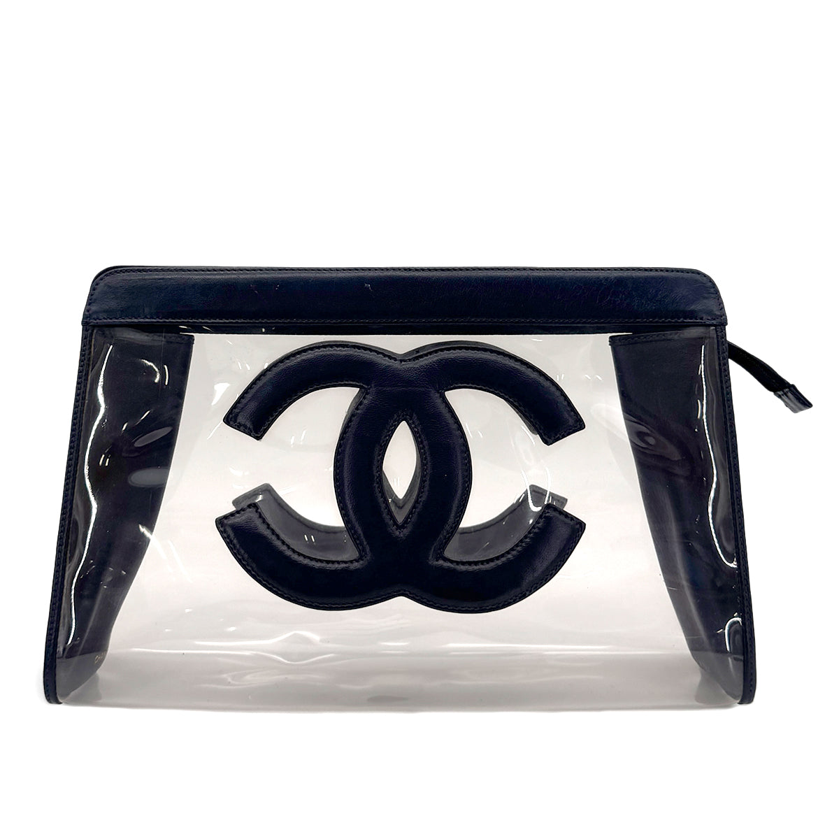 CHANEL VINTAGE BIG COCO CLEAR CLUTCH BAG NAVY VINYL LEATHER 90283092