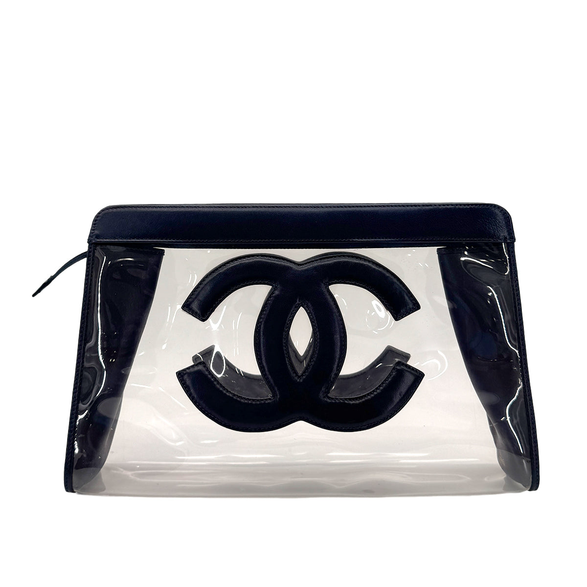 CHANEL VINTAGE BIG COCO CLEAR CLUTCH BAG NAVY VINYL LEATHER 90283092
