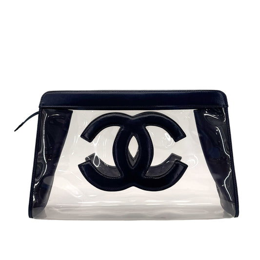 CHANEL VINTAGE BIG COCO CLEAR CLUTCH BAG NAVY VINYL LEATHER 90283092