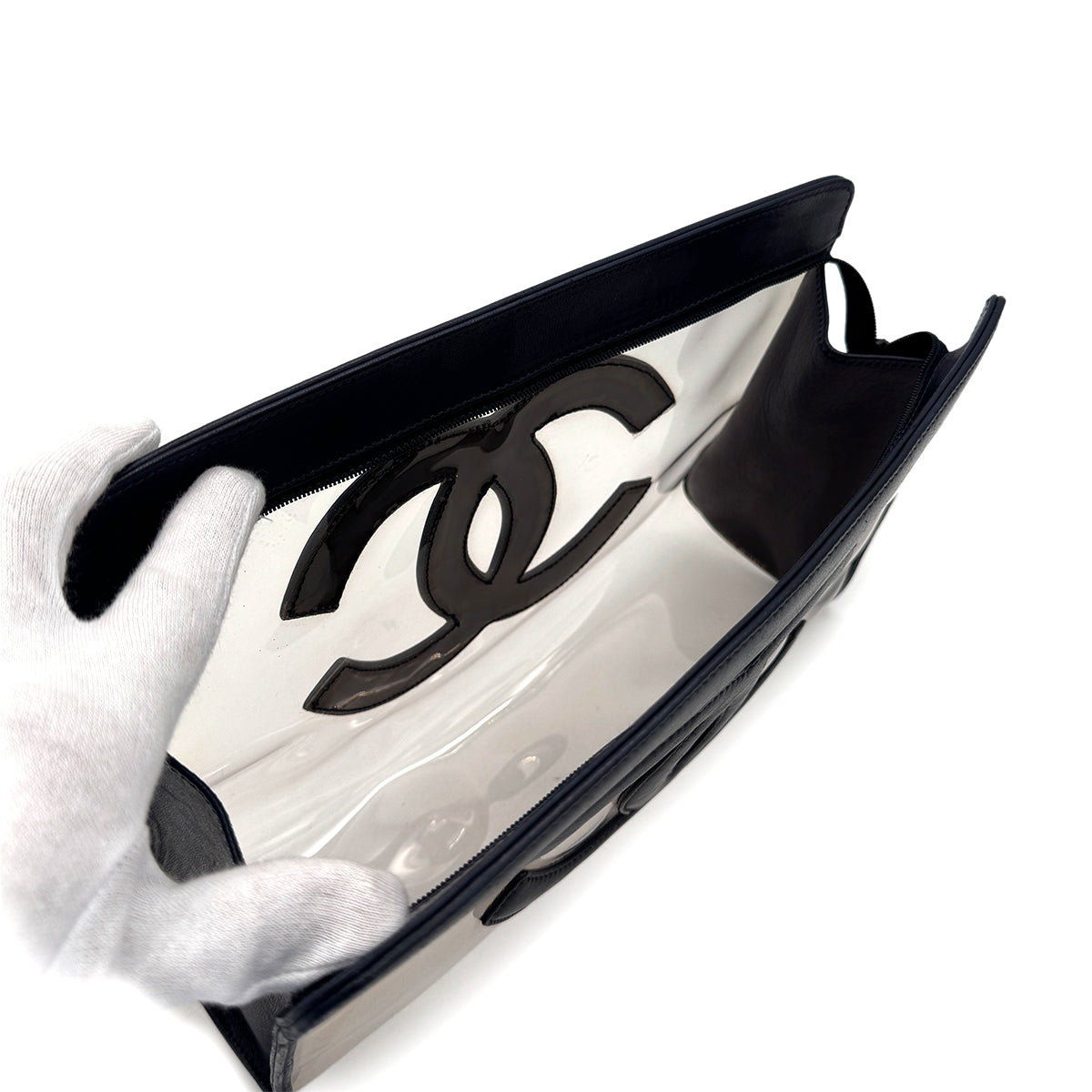CHANEL VINTAGE BIG COCO CLEAR CLUTCH BAG NAVY VINYL LEATHER 90283092