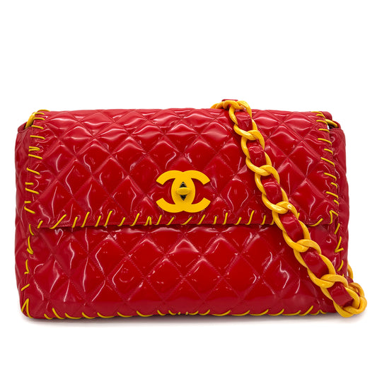 CHANEL VINTAGE MATELASSE CHAIN SHOULDER BAG COCOMARK RED YELLOW PATENT 90283107