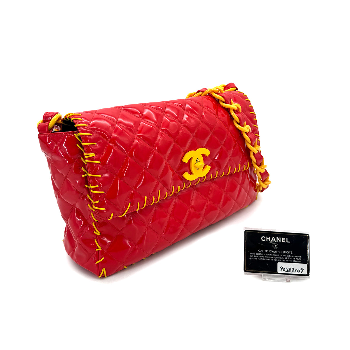 CHANEL VINTAGE MATELASSE CHAIN SHOULDER BAG COCOMARK RED YELLOW PATENT 90283107