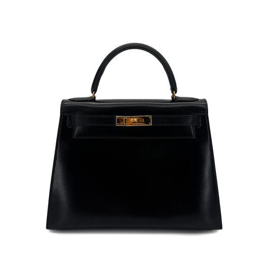 HERMES KELLY 28 SELLIER BLACK BOXCALF HAND BAG 〇S GHW 90283109