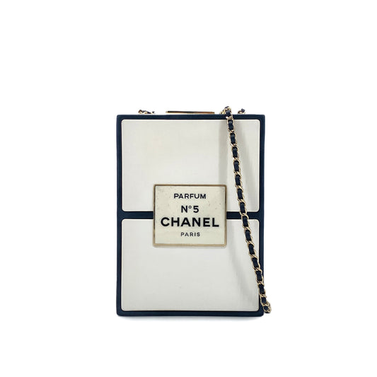 CHANEL N°5 PERFUME BOX CLUTCH CHAIN SHOULDER BAG BLACK WHITE LEATHER 90283120
