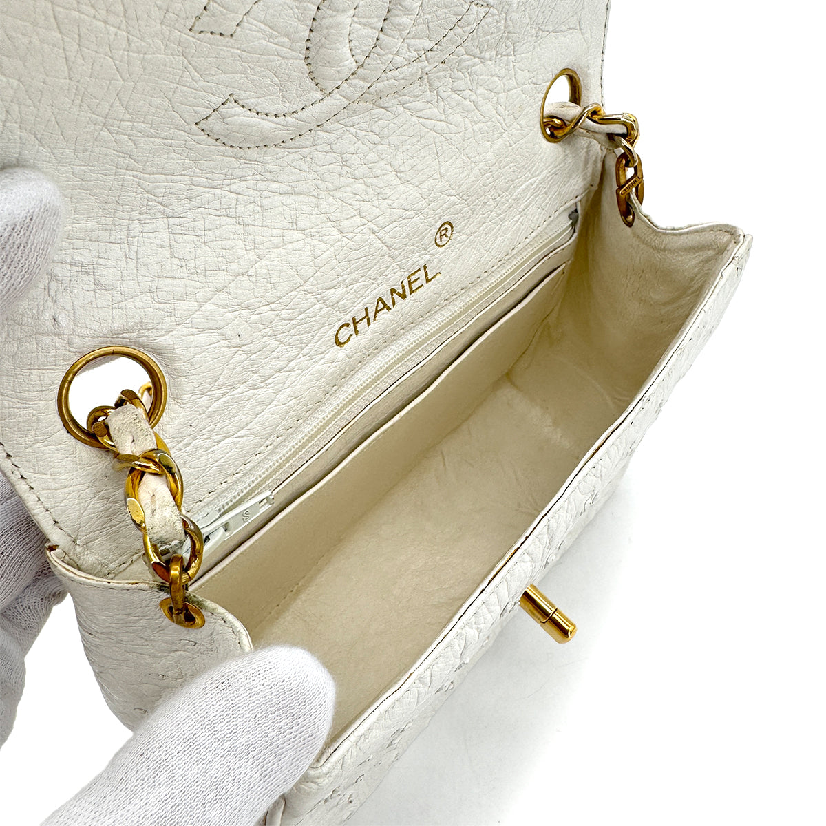 CHANEL VINTAGE MINI SQUARE 17 CHAIN SHOULDER BAG WHITE OSTRICH 90283121
