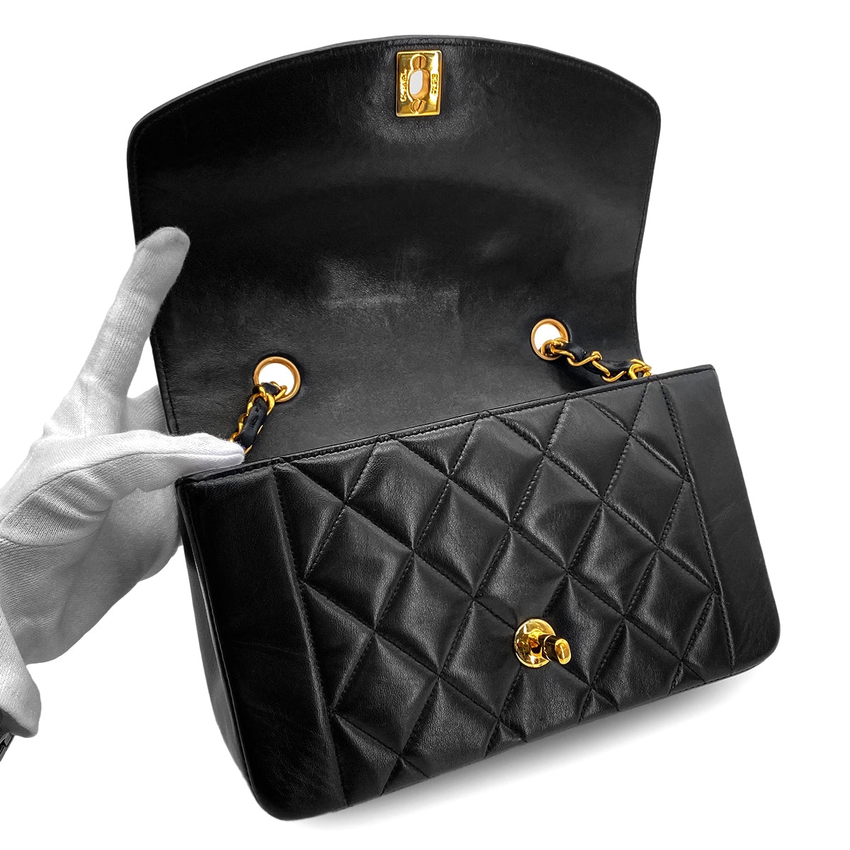 CHANEL VINTAGE DIANA SMALL CHAIN SHOULDER BAG BLACK LAMB SKIN 90283123