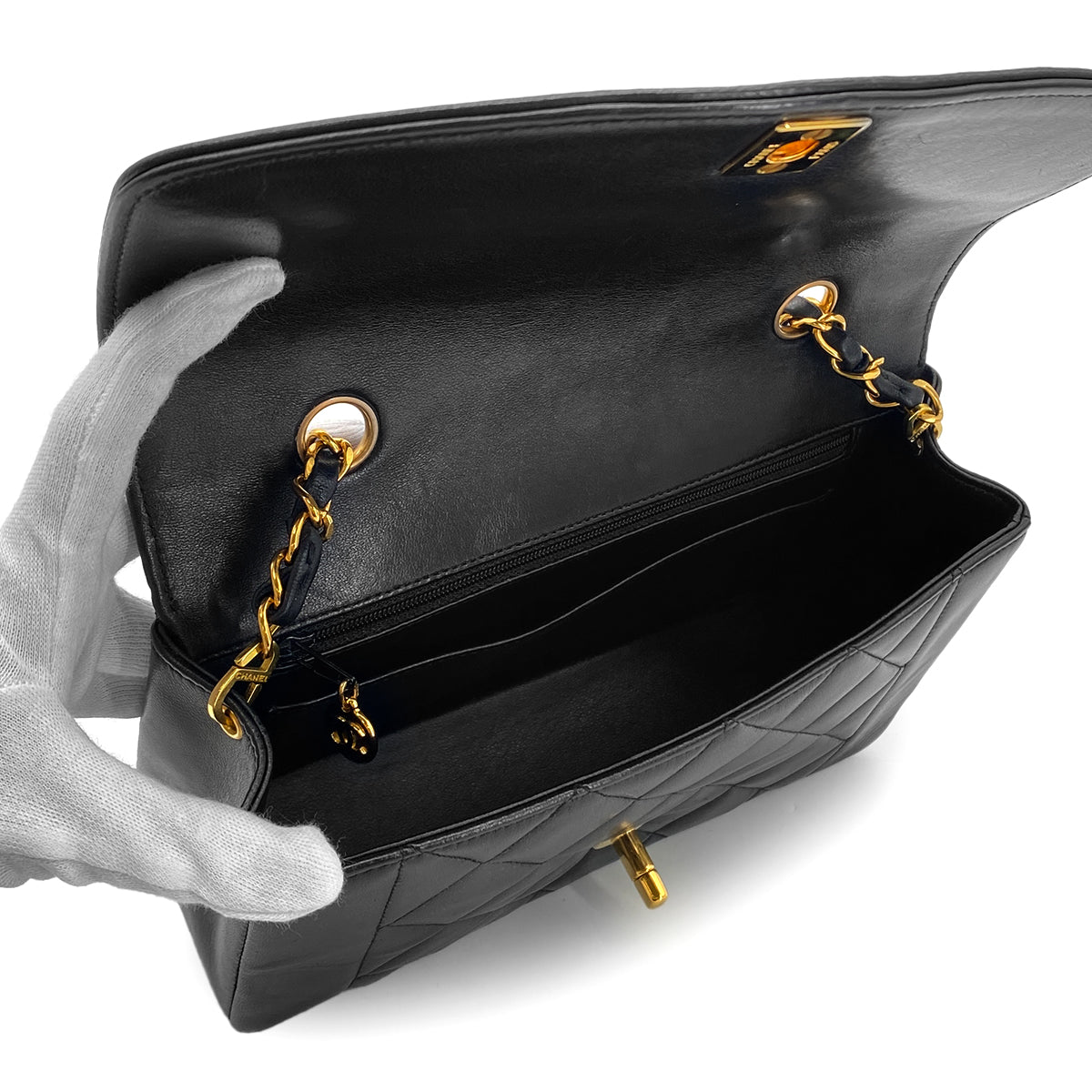 CHANEL VINTAGE DIANA SMALL CHAIN SHOULDER BAG BLACK LAMB SKIN 90283123