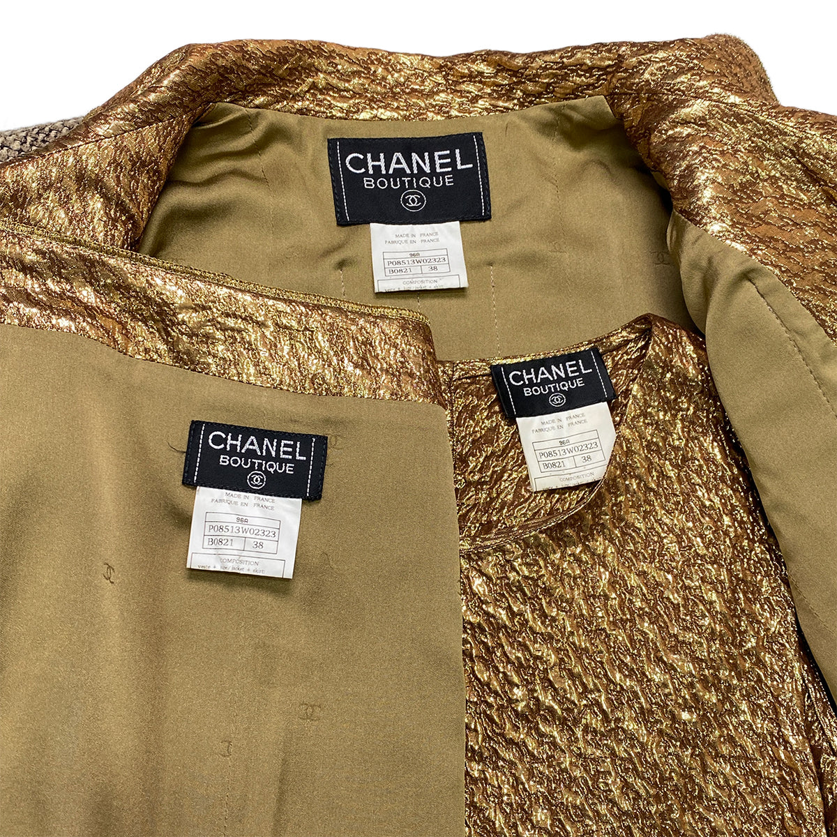CHANEL VINTAGE JACKET TOPS SKIRT SET COCO BUTTON GOLD BEIGE WOOL 38 96A RTW 90283145
