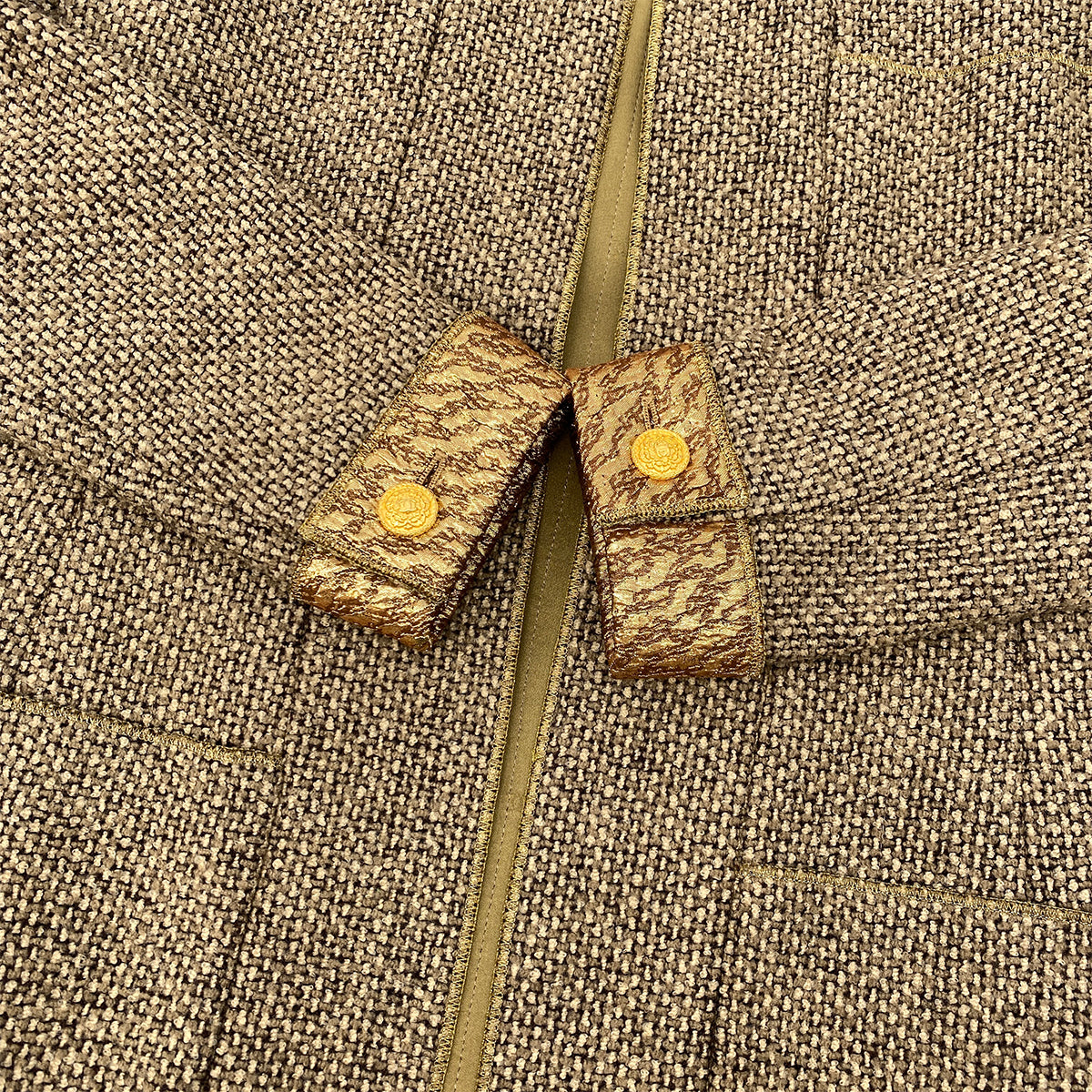 CHANEL VINTAGE JACKET TOPS SKIRT SET COCO BUTTON GOLD BEIGE WOOL 38 96A RTW 90283145