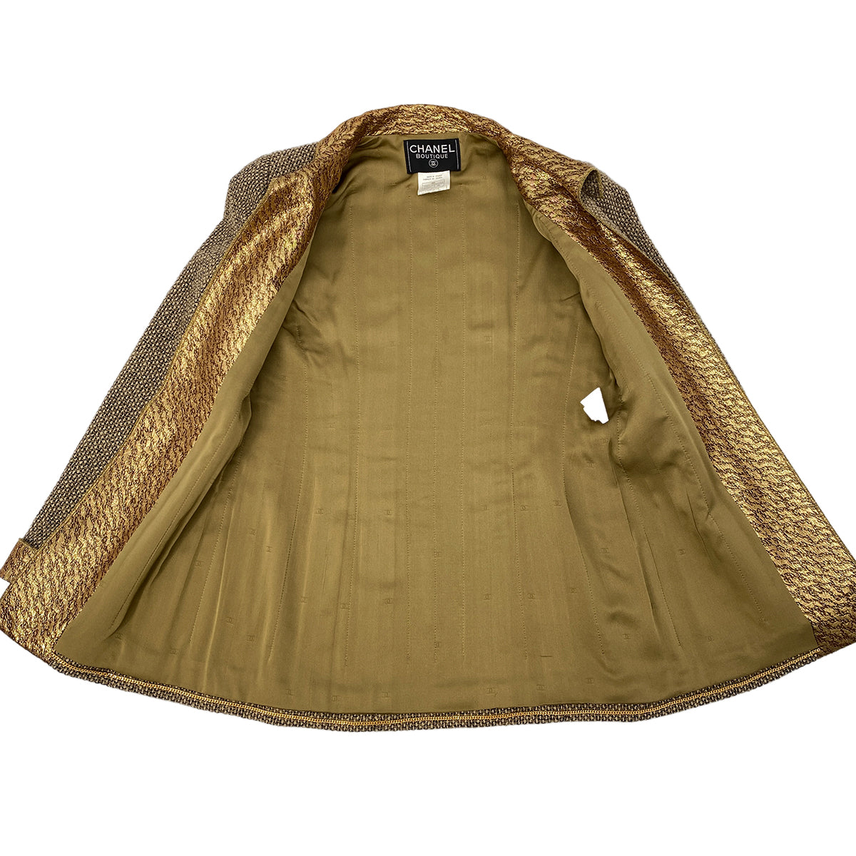 CHANEL VINTAGE JACKET TOPS SKIRT SET COCO BUTTON GOLD BEIGE WOOL 38 96A RTW 90283145