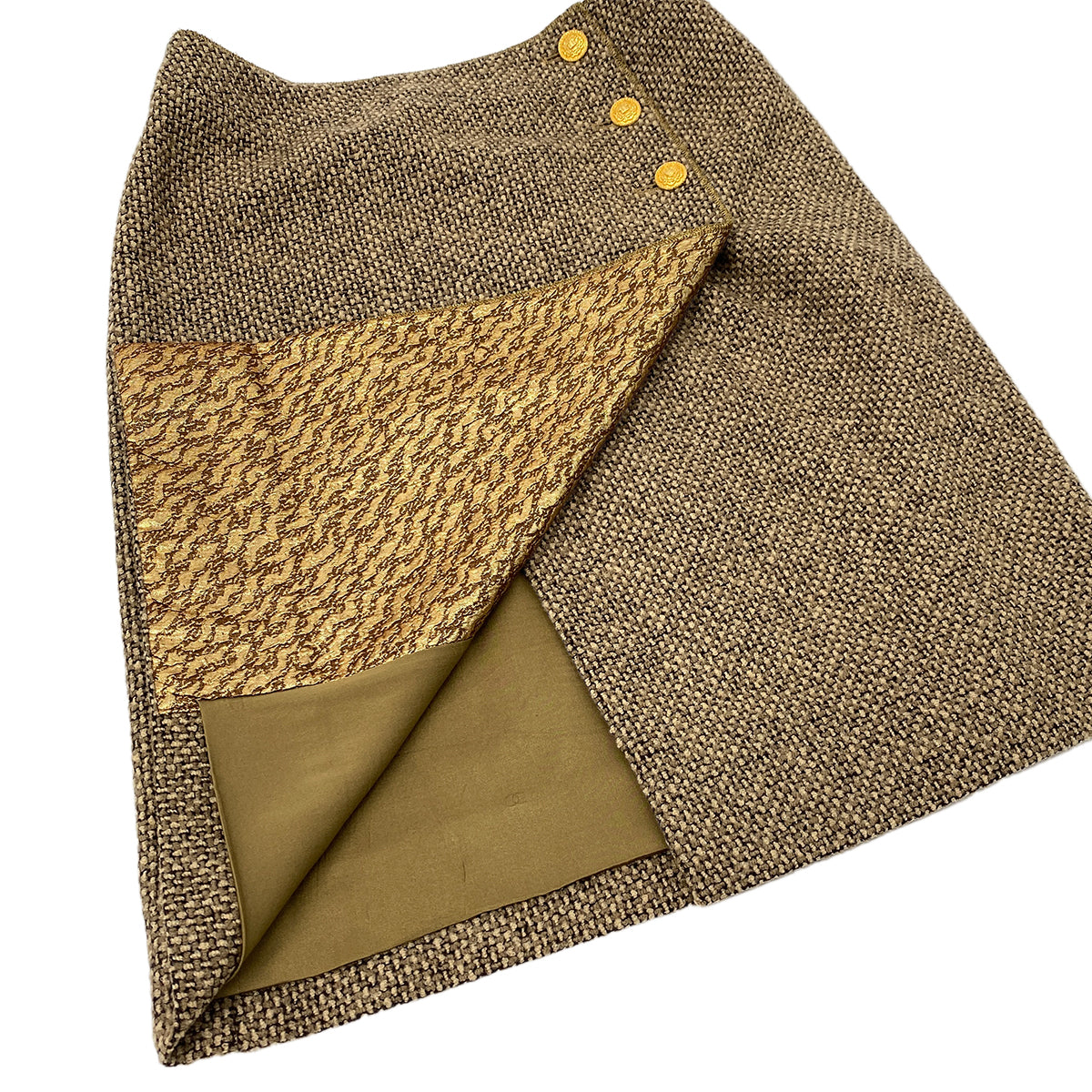 CHANEL VINTAGE JACKET TOPS SKIRT SET COCO BUTTON GOLD BEIGE WOOL 38 96A RTW 90283145