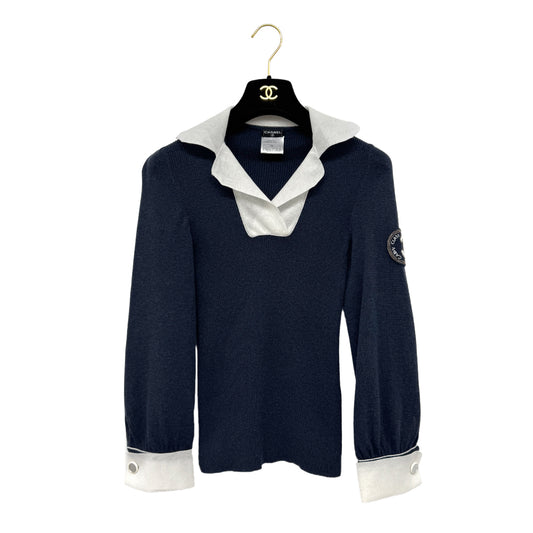 CHANEL TOPS COCO CUFFLINKS NAVY WHITE COTTON 38 08C RTW 90283148