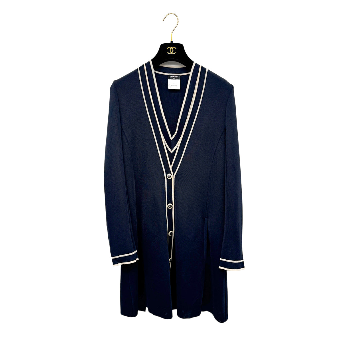 CHANEL VINTAGE COCO BUTTON CARDIGAN V-NECK SLEEVELESS KNIT SET NAVY RAYON 36 P47 RTW 90283149