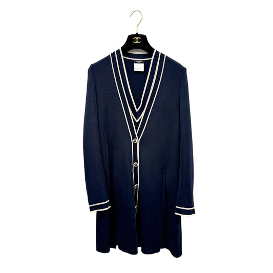 CHANEL VINTAGE COCO BUTTON CARDIGAN V-NECK SLEEVELESS KNIT SET NAVY RAYON 36 P47 RTW 90283149