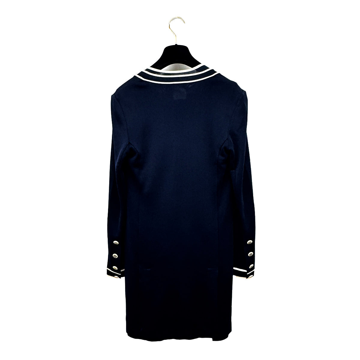 CHANEL VINTAGE COCO BUTTON CARDIGAN V-NECK SLEEVELESS KNIT SET NAVY RAYON 36 P47 RTW 90283149