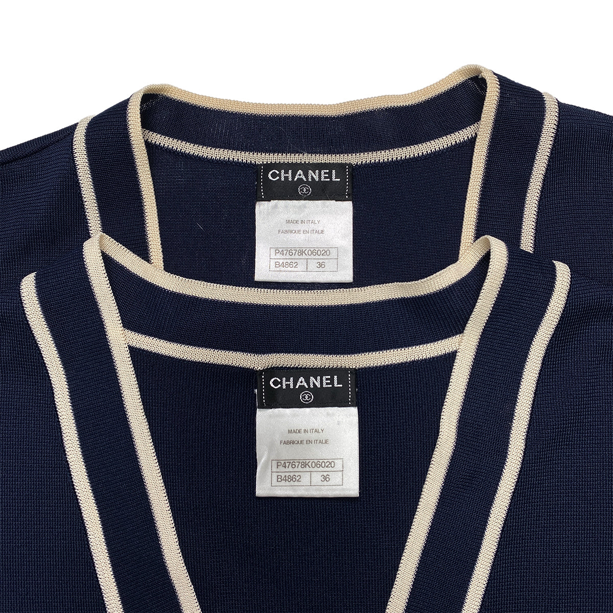 CHANEL VINTAGE COCO BUTTON CARDIGAN V-NECK SLEEVELESS KNIT SET NAVY RAYON 36 P47 RTW 90283149