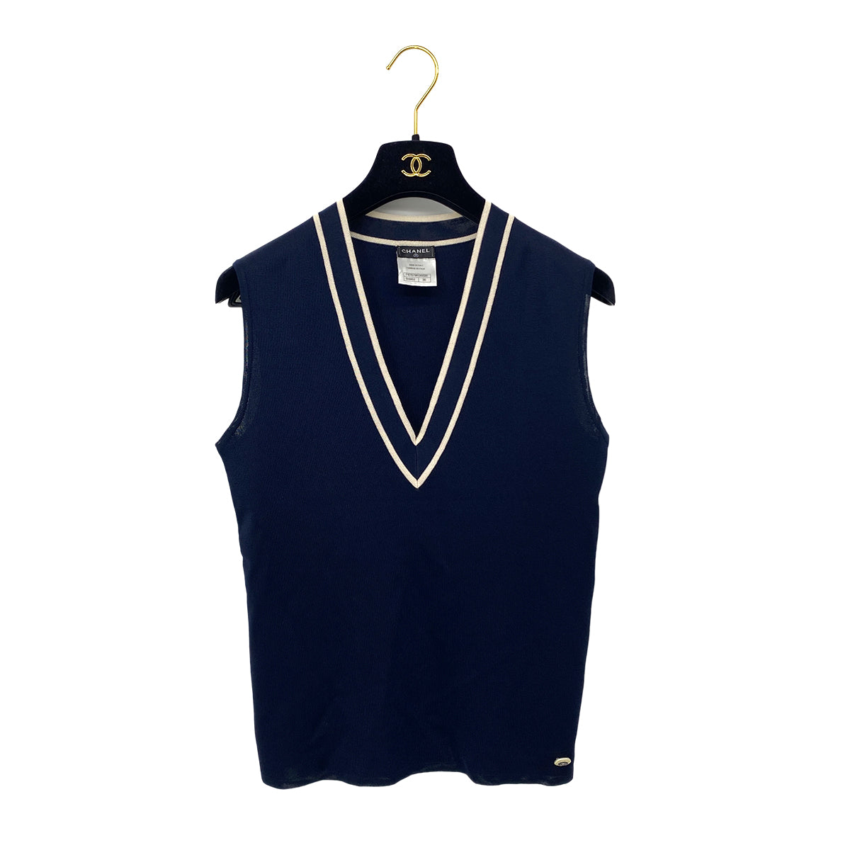 CHANEL VINTAGE COCO BUTTON CARDIGAN V-NECK SLEEVELESS KNIT SET NAVY RAYON 36 P47 RTW 90283149