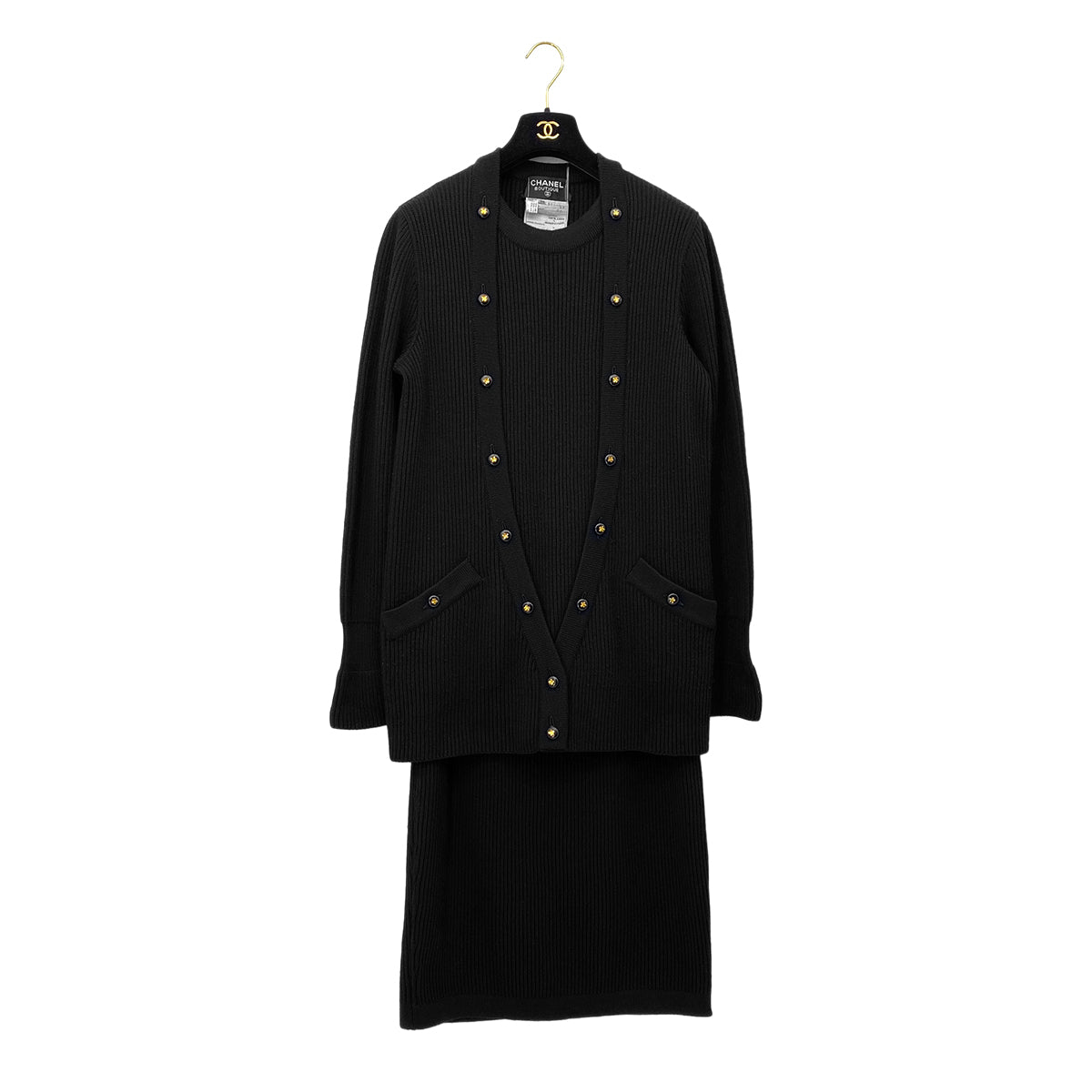 CHANEL VINTAGE KNIT TOPS SKIRT SET CLOVER BUTTON BLACK WOOL 38  RTW 90283151