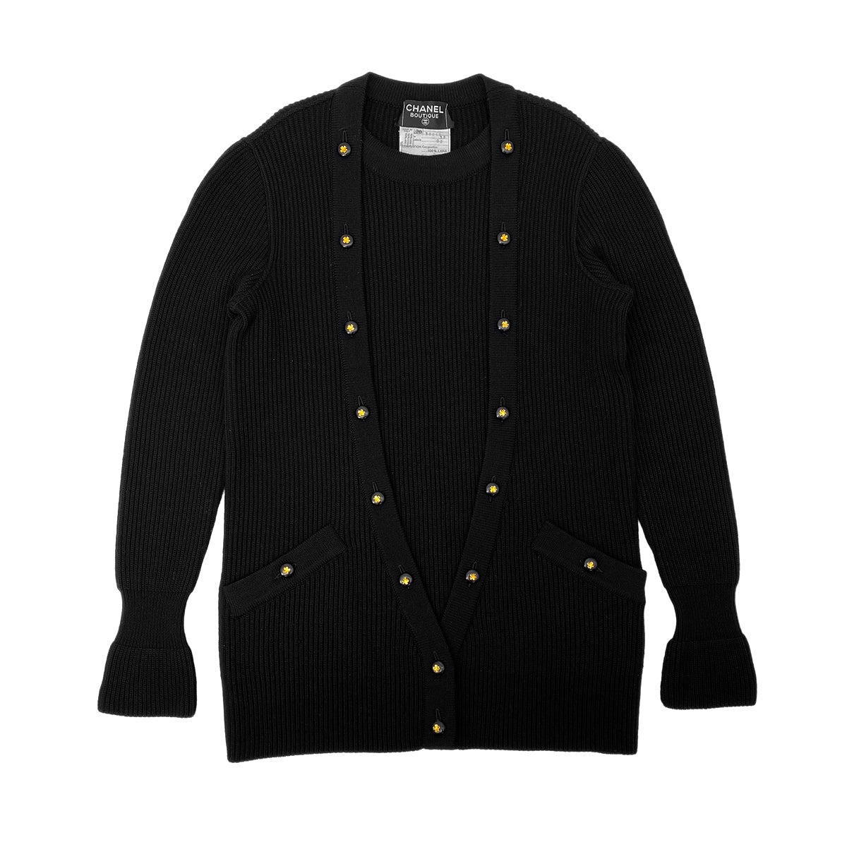 CHANEL VINTAGE KNIT TOPS SKIRT SET CLOVER BUTTON BLACK WOOL 38  RTW 90283151