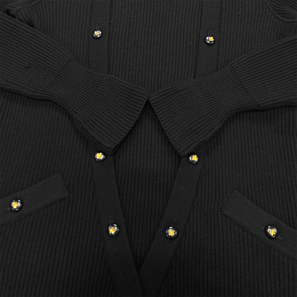 CHANEL VINTAGE KNIT TOPS SKIRT SET CLOVER BUTTON BLACK WOOL 38  RTW 90283151