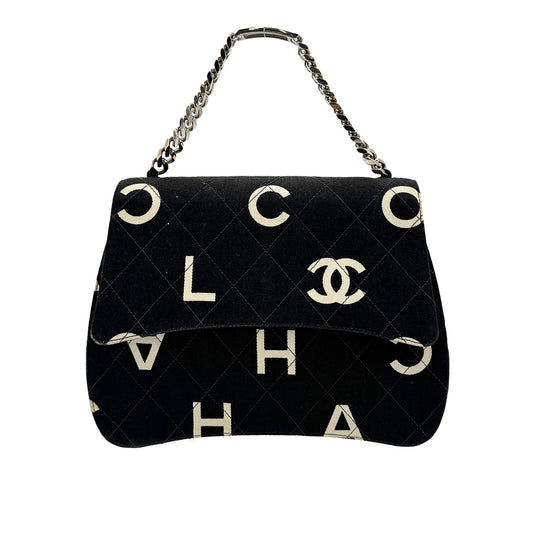 CHANEL VINTAGE LOGO PRINT CHAIN HAND BAG BLACK CANVAS 90283457