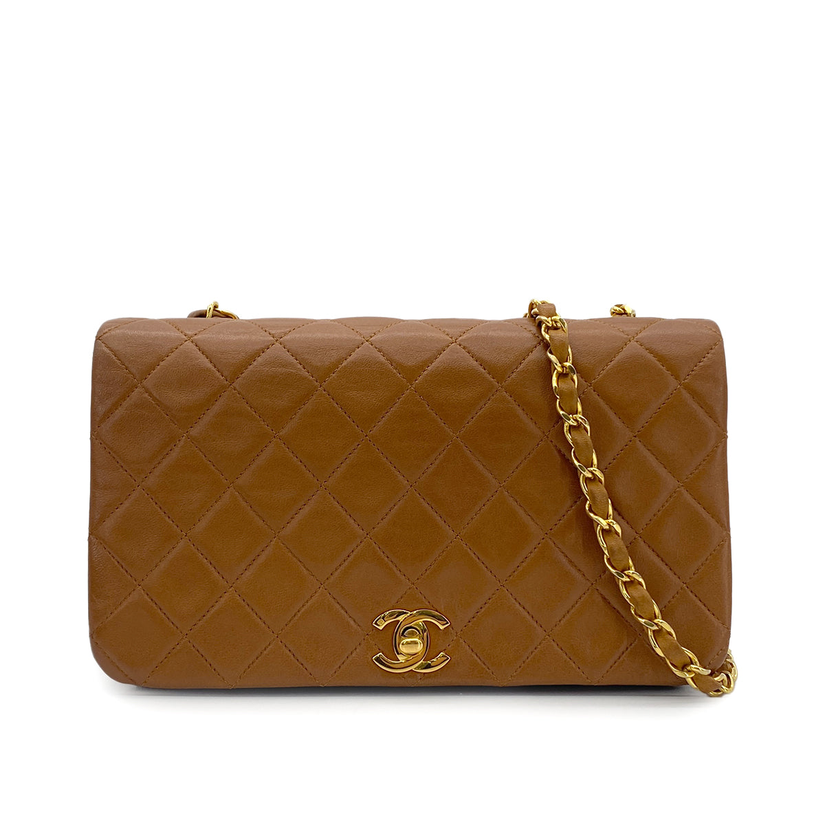 CHANEL VINTAGE FULL FLAP CHAIN SHOULDER BAG BROWN LAMB SKIN 90283460