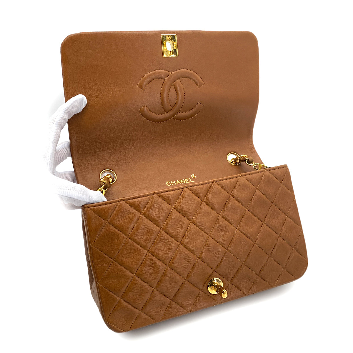 CHANEL VINTAGE FULL FLAP CHAIN SHOULDER BAG BROWN LAMB SKIN 90283460