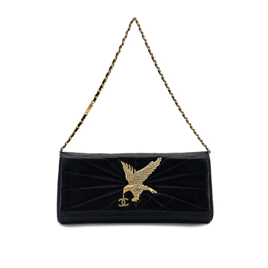 CHANEL VINTAGE COCOMARK STRASS IMPERIAL EAGLE CLUTCH CHAIN SHOULDER BAG BLACK LAMB SKIN 90283605
