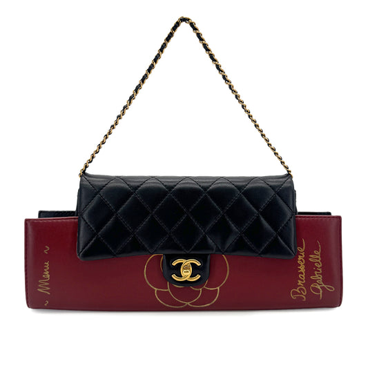 CHANEL BRASSERIE GABRIELLE MENU CLUTCH BAG BLACK BURGUNDY LAMB SKIN CALF LEATHER 90283606