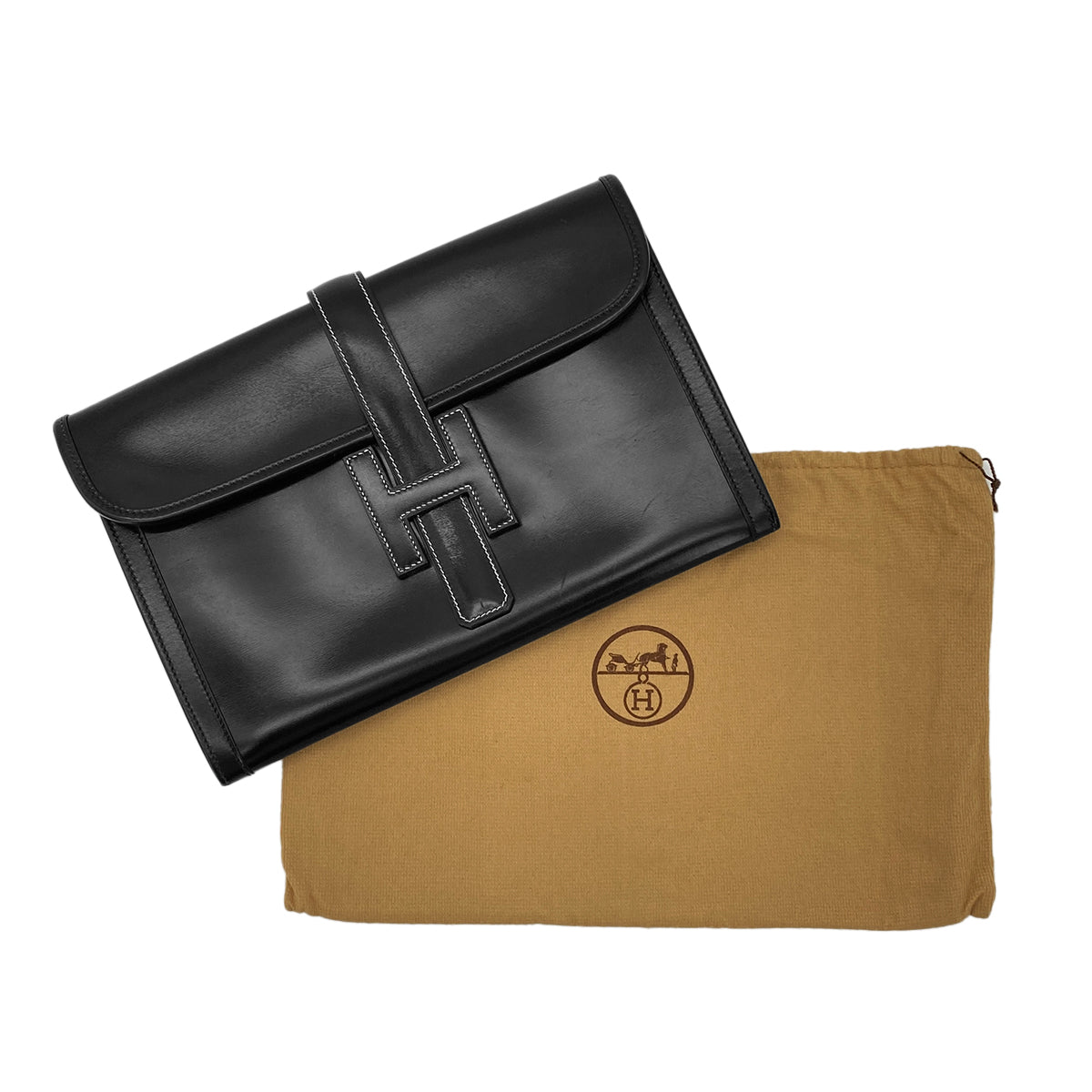 HERMES JIGE PM BLACK BOXCALF CLUTCH BAG 〇R 90283607