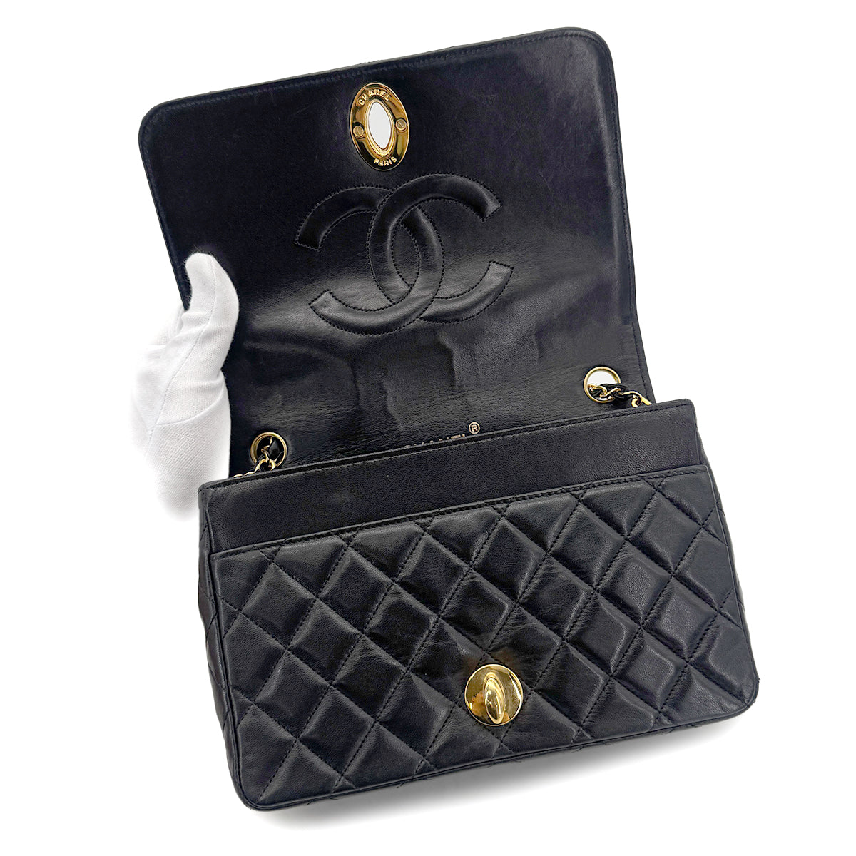 CHANEL VINTAGE MATELASSE BIG COCO CHAIN SHOULDER BAG BLACK LAMB SKIN 90283621