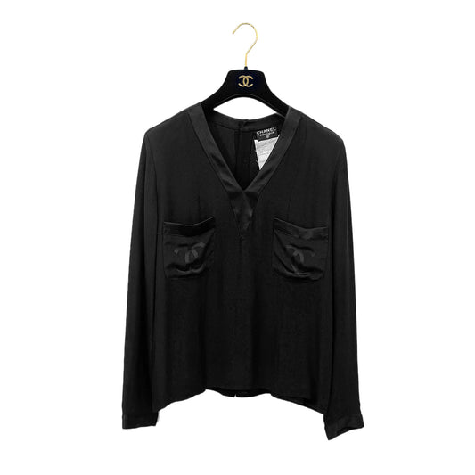 CHANEL VINTAGE COCO MARK BLOUSE TOPS BLACK SILK 38 RTW 90283624