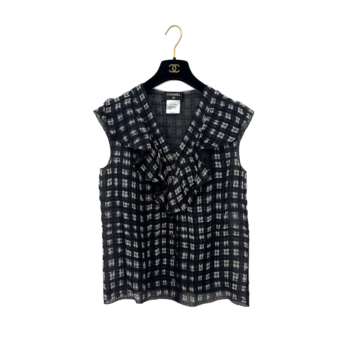 CHANEL VINTAGE COCO BUTTON CHECK BLOUSE BLACK SILK 38 P40 RTW 90283628