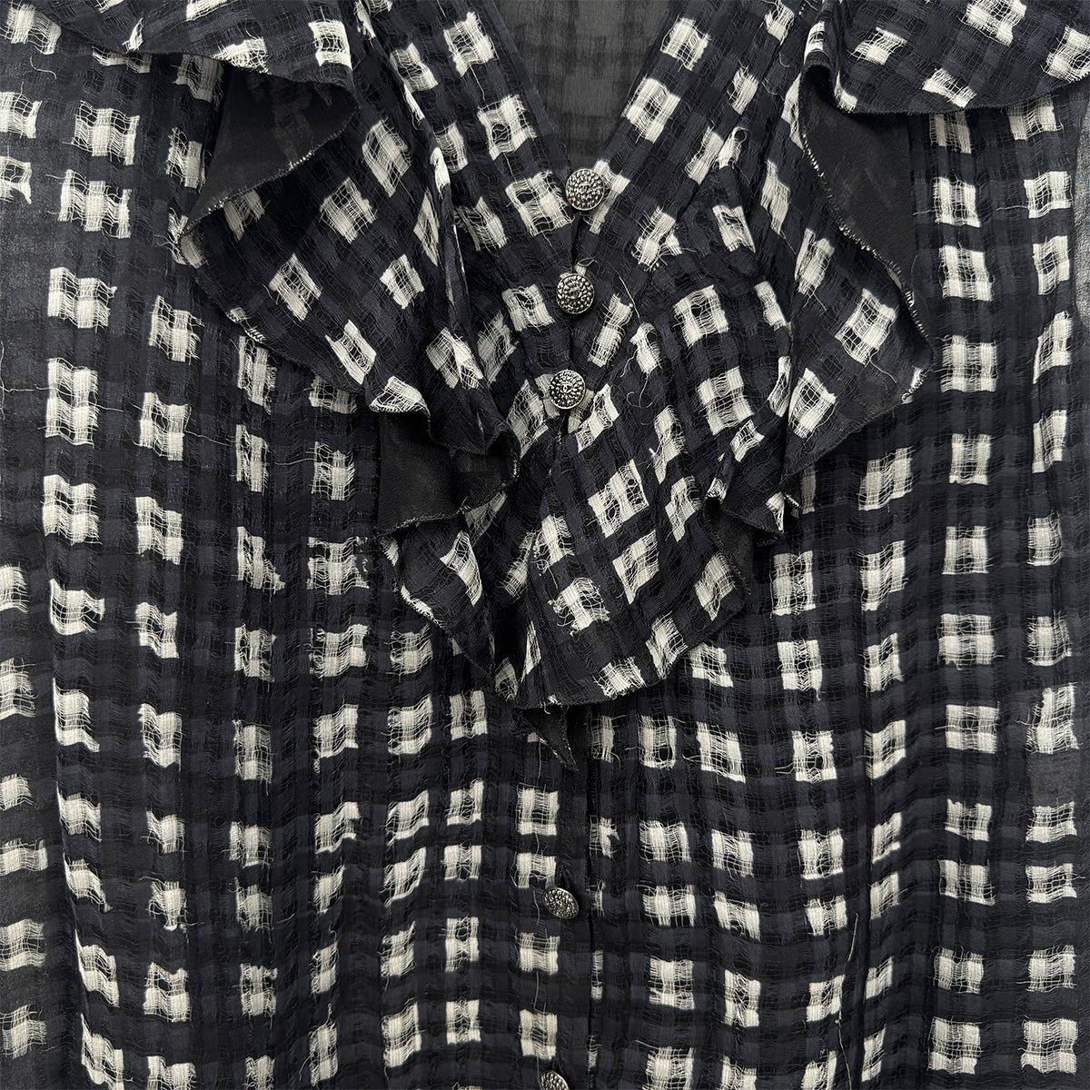 CHANEL VINTAGE COCO BUTTON CHECK BLOUSE BLACK SILK 38 P40 RTW 90283628
