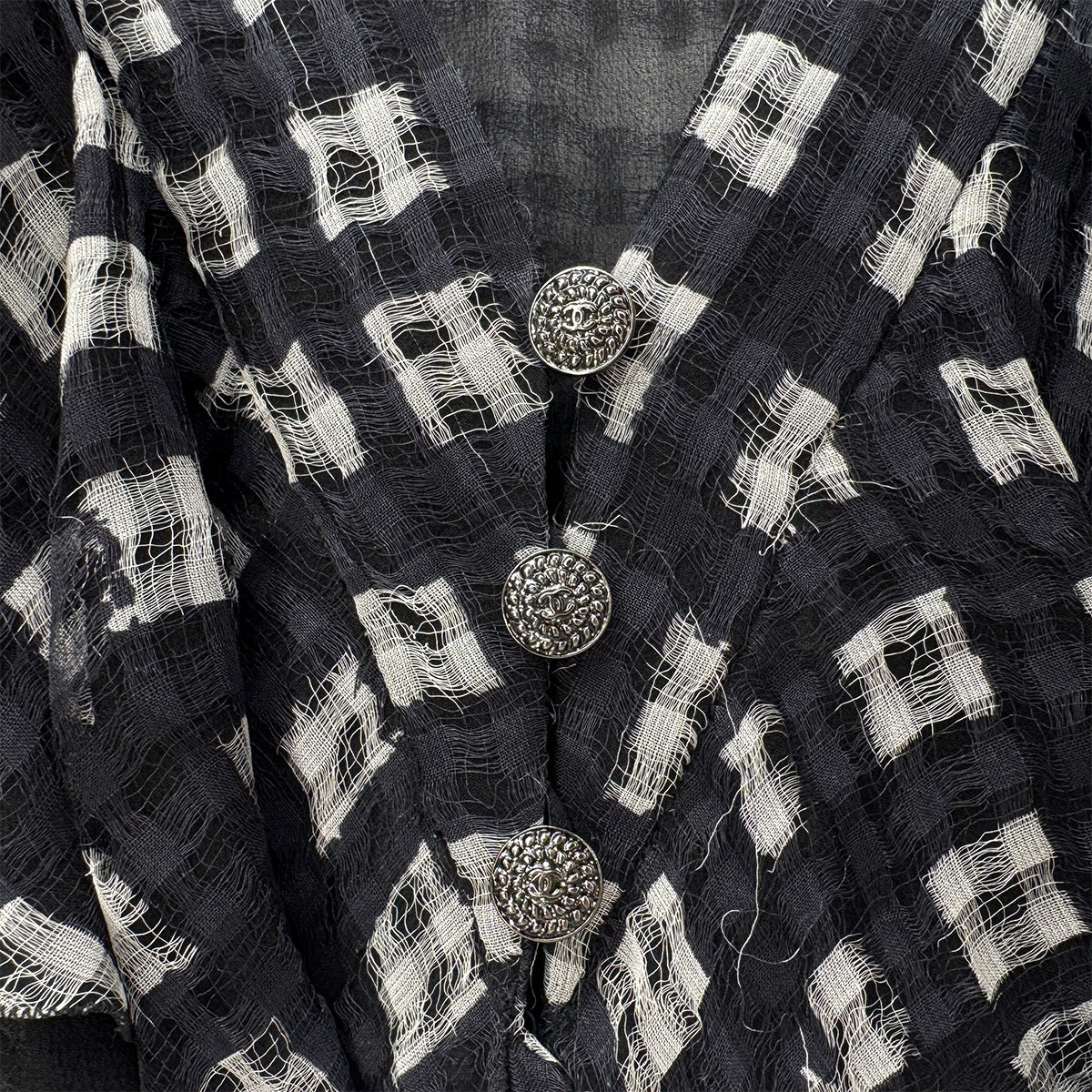 CHANEL VINTAGE COCO BUTTON CHECK BLOUSE BLACK SILK 38 P40 RTW 90283628