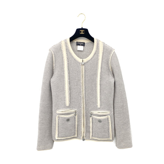 CHANEL COCO BUTTON ZIP JACKET GRAY WHITE WOOL 38 P39 RTW 90283632
