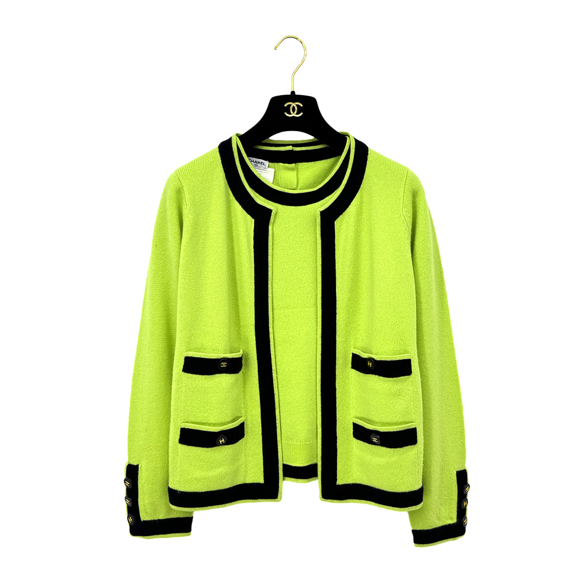 CHANEL VINTAGE COCO BUTTON KNIT TOPS CARDIGAN SET YELLOW BLACK CASHMERE 42 P04 RTW 90283633