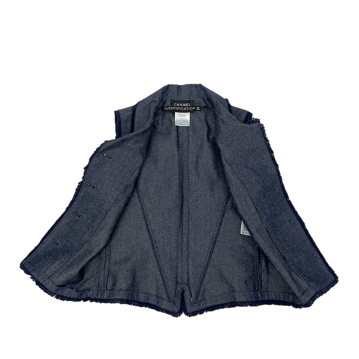 CHANEL VINTAGE IDENTIFICATION FRINGE DENIM VEST COTTON 38 P14 RTW 90284791