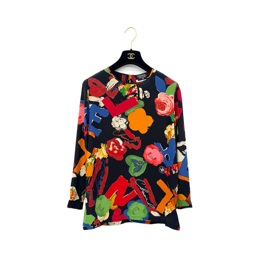 CHANEL VINTAGE FLORAL HEART COCOMARK PRINT BLOUSE TOPS MULTICOLOR SILK 38 RTW 90283643