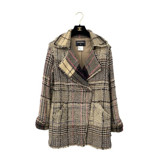 CHANEL TWEED PLAID COAT JACKET COCO BUTTON BEIGE WOOL 36 05A RTW 90283645
