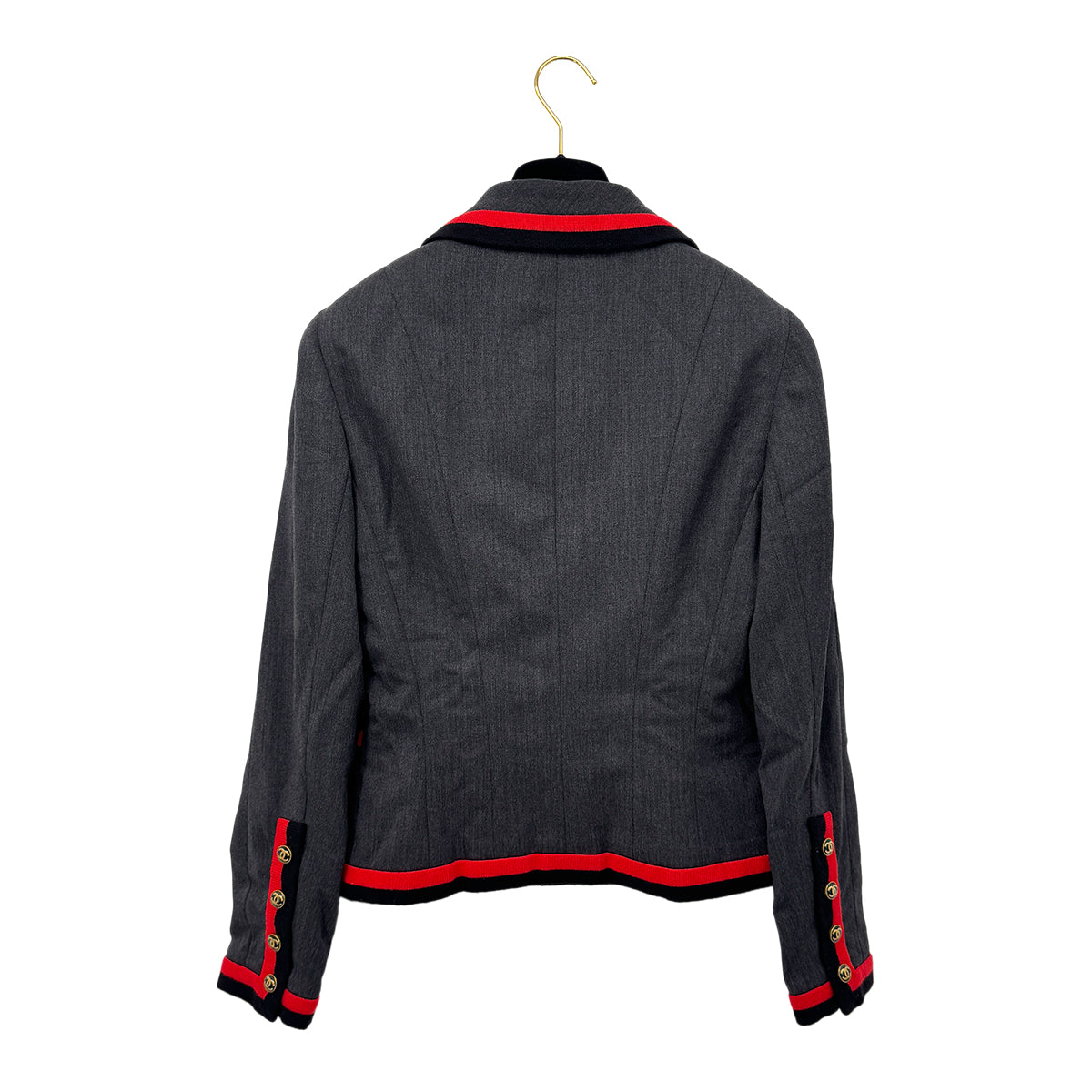CHANEL VINTAGE COCO BUTTON JACKET SKIRT SET GRAY RED WOOL 40 94A RTW 90283647