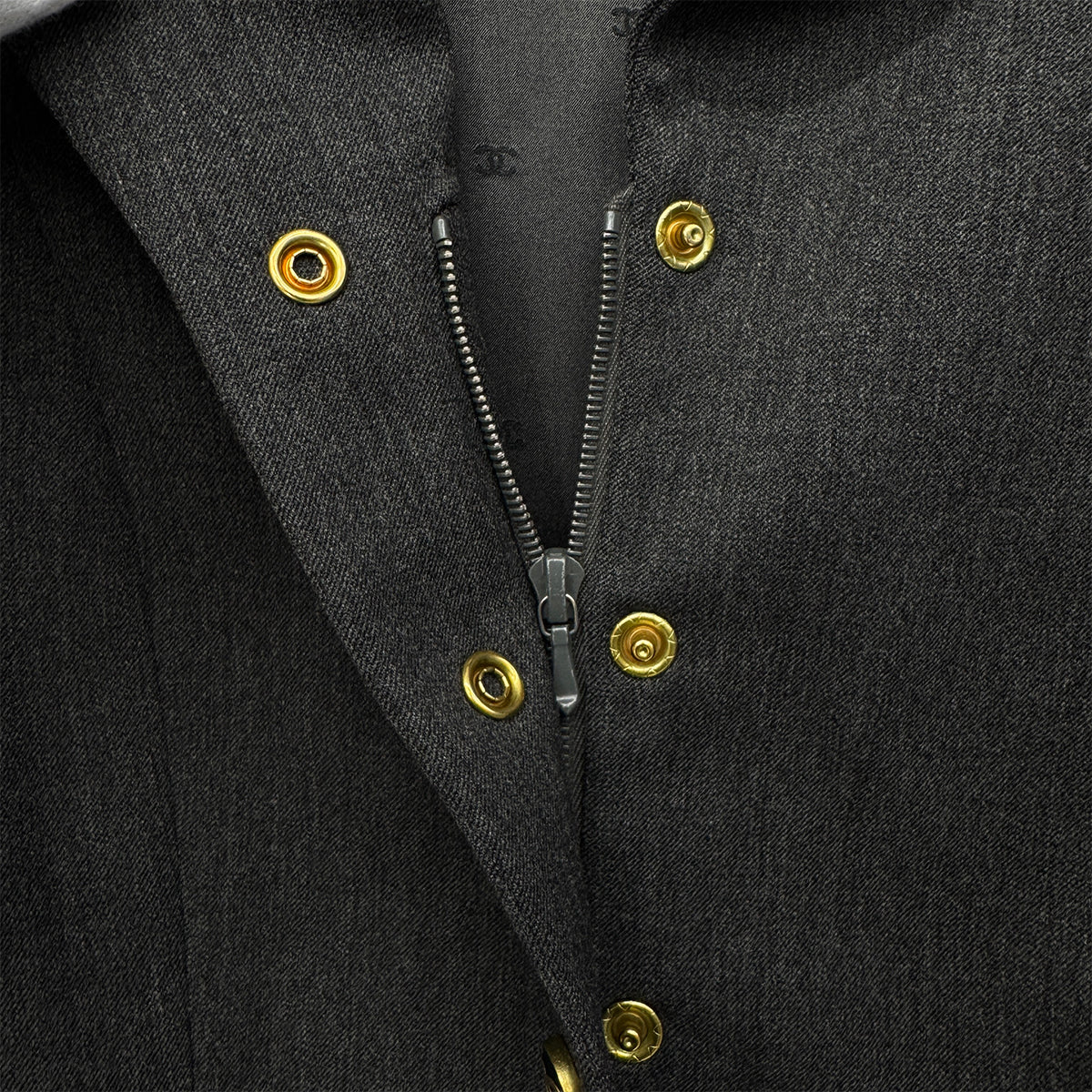 CHANEL VINTAGE COCO BUTTON JACKET SKIRT SET GRAY RED WOOL 40 94A RTW 90283647