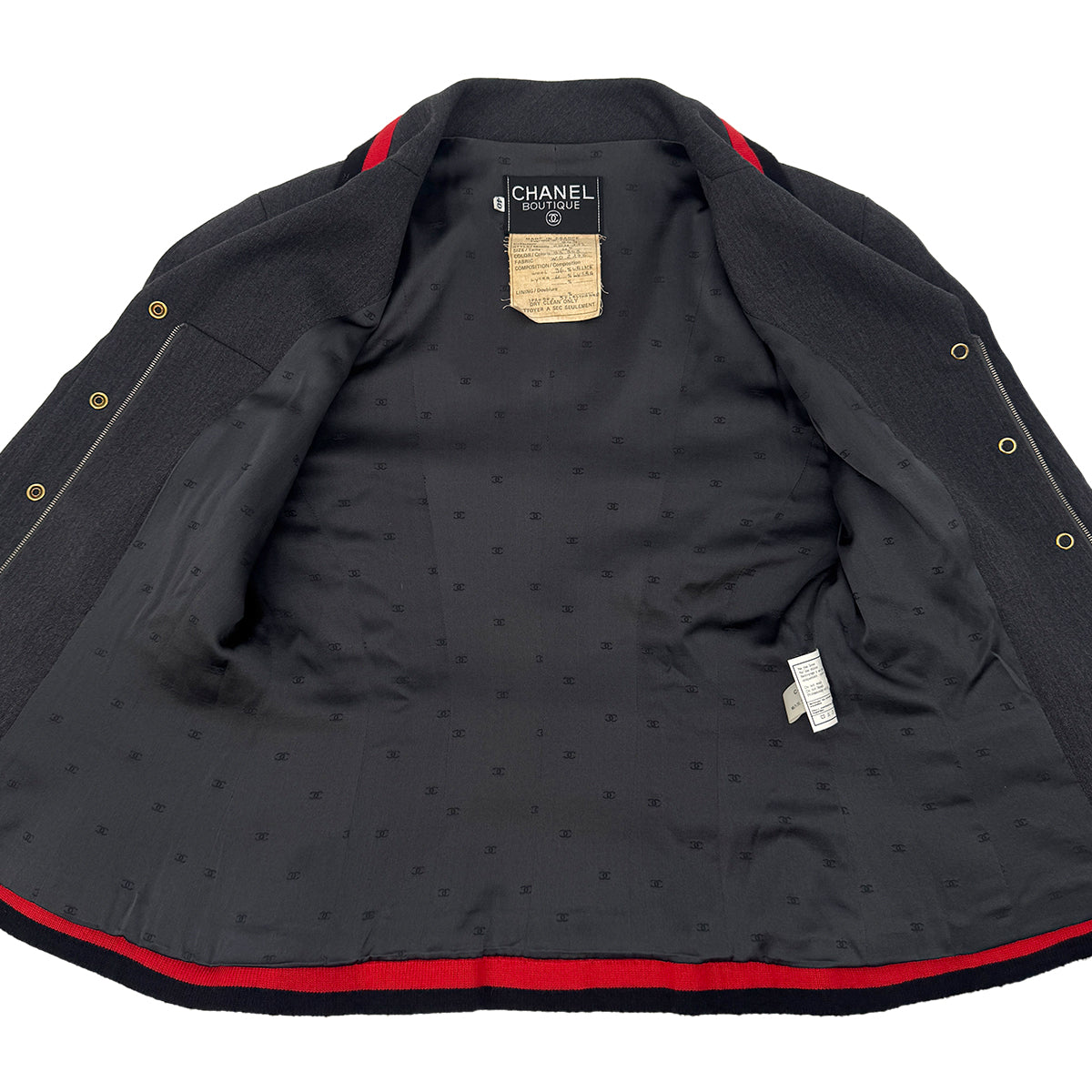 CHANEL VINTAGE COCO BUTTON JACKET SKIRT SET GRAY RED WOOL 40 94A RTW 90283647