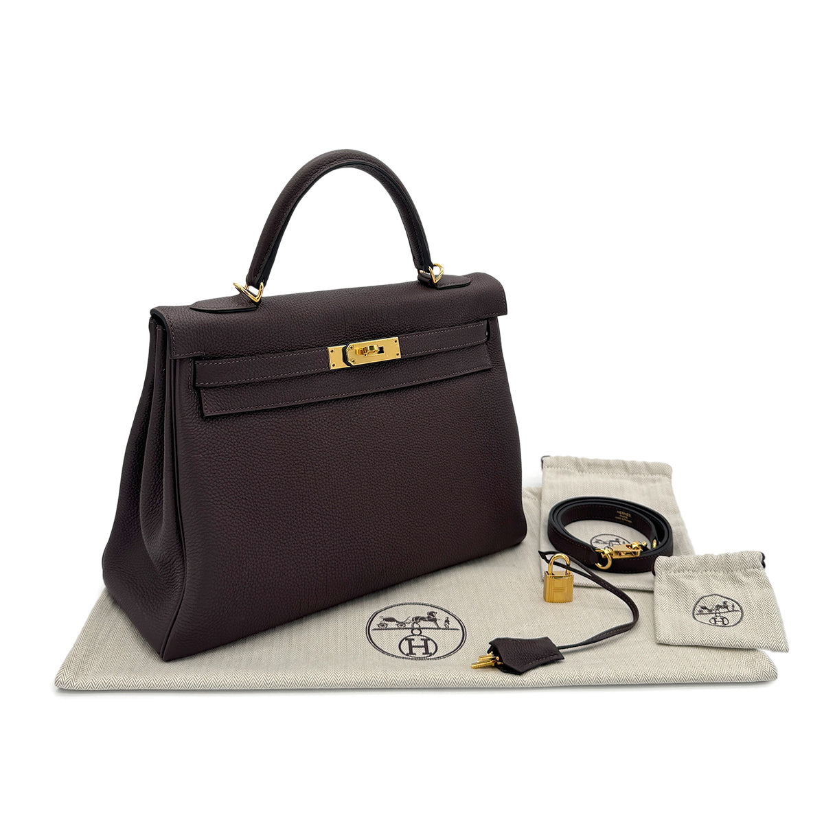 HERMES KELLY 32 RETOURNE CHOCOLAT TOGO HAND SHOULDER BAG D GHW 90283905