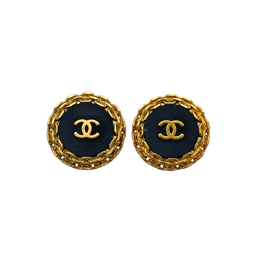 CHANEL VINTAGE EARRINGS COCOMARK CHAIN ROUND BLACK GOLD ACCESSORY 93A 90283934