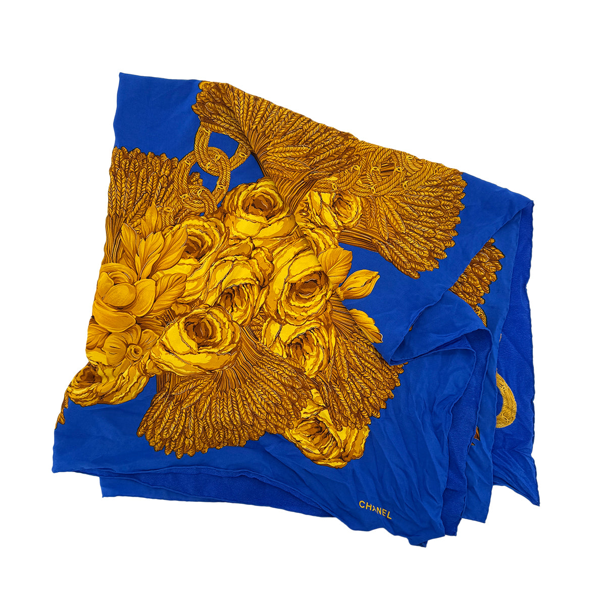 CHANEL VINTAGE SCARF COCOMARK FLOWER PATTERN BLUE YELLOW SILK 90283955