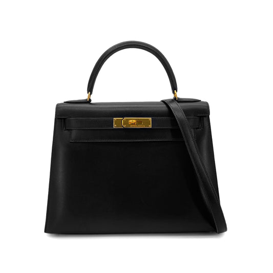 HERMES KELLY 28 SELLIER BLACK BOXCALF HAND SHOULDER BAG □A GHW 90283968
